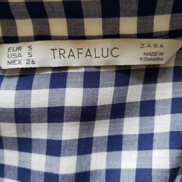 Zara Trafaluc Top Blue White Gingham Plaid Country Blouse Small Farm Checkered - Picture 8 of 8